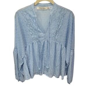 Bishop + Young Blue Swiss Dot Blouse‎ Top Long Sleeve Lace Detail Small